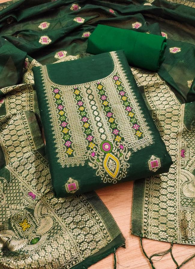 Chanderi Banarasi Green Festival Wear Weaving Dress Material
